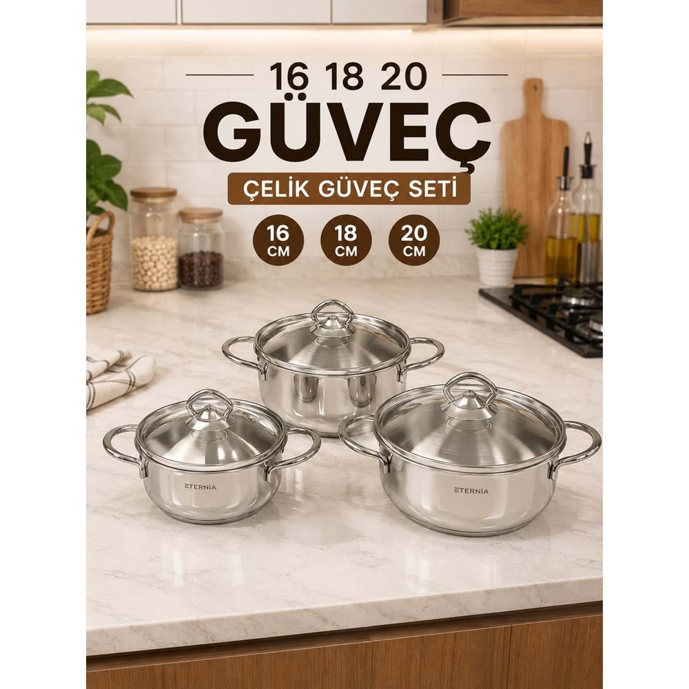 ETERNİA GÜVEÇ 16_18_20 ÇELİK TENCERE SETİ