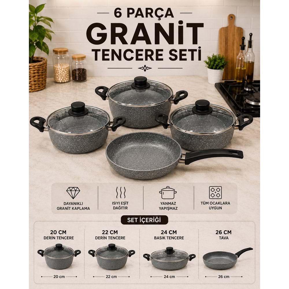 DEFNE 7 PARÇA GRANİT TENCERE SETİ