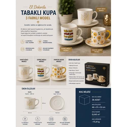 PORZELLAN EL DEKORLU VE BASKILI TABAKLI KUPA