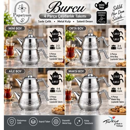 PAPATYAM BURCU METAL SATENLİ ORTA ÇELİK ÇAYDANLIK