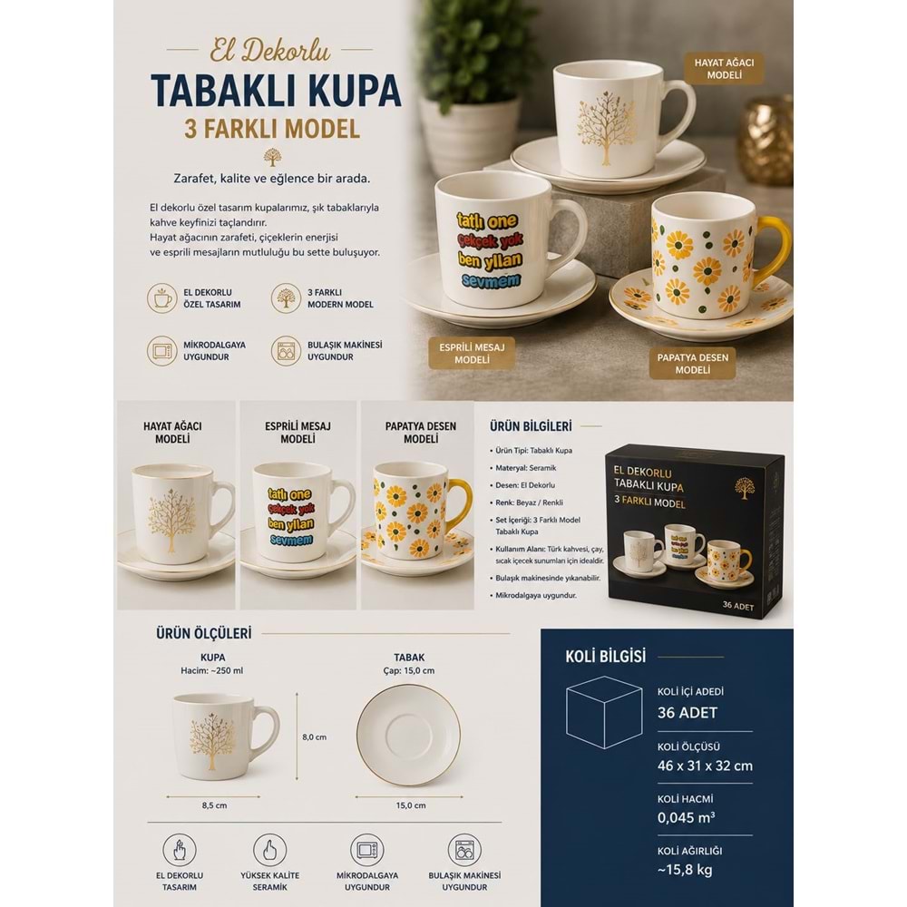 PORZELLAN EL DEKORLU VE BASKILI TABAKLI KUPA